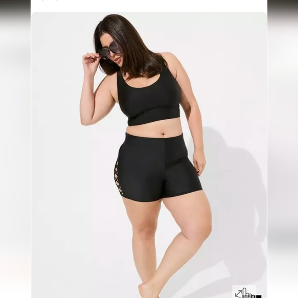 Active High Rise Strappy Side Swim Short - Deep Black plus size 3x - Picture 1 of 4